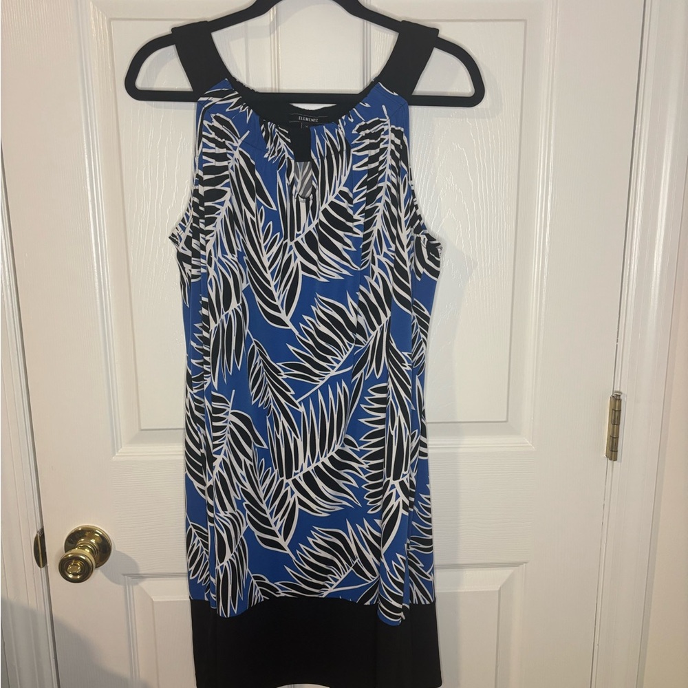 Elements Blue Leaf-Print Sleeveless Shift Dress, XL, EUC